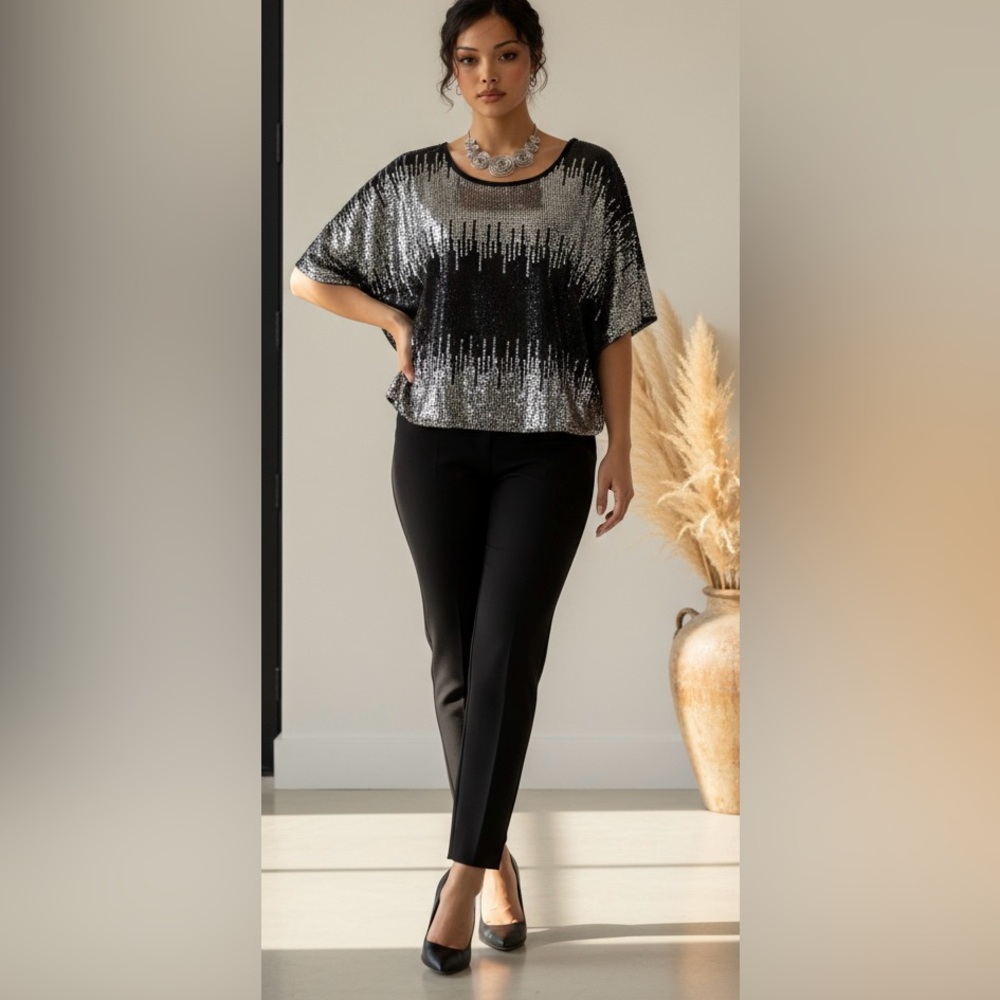 EUC Enti SZ S oversized black w/black & silver sequins blouse. Bust 38”+